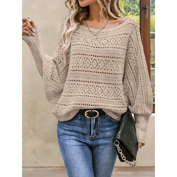 Women's Crochet Off Shoulder Sweater Light Brown Small Oversized Long Sleeve - Picture 6 of 6